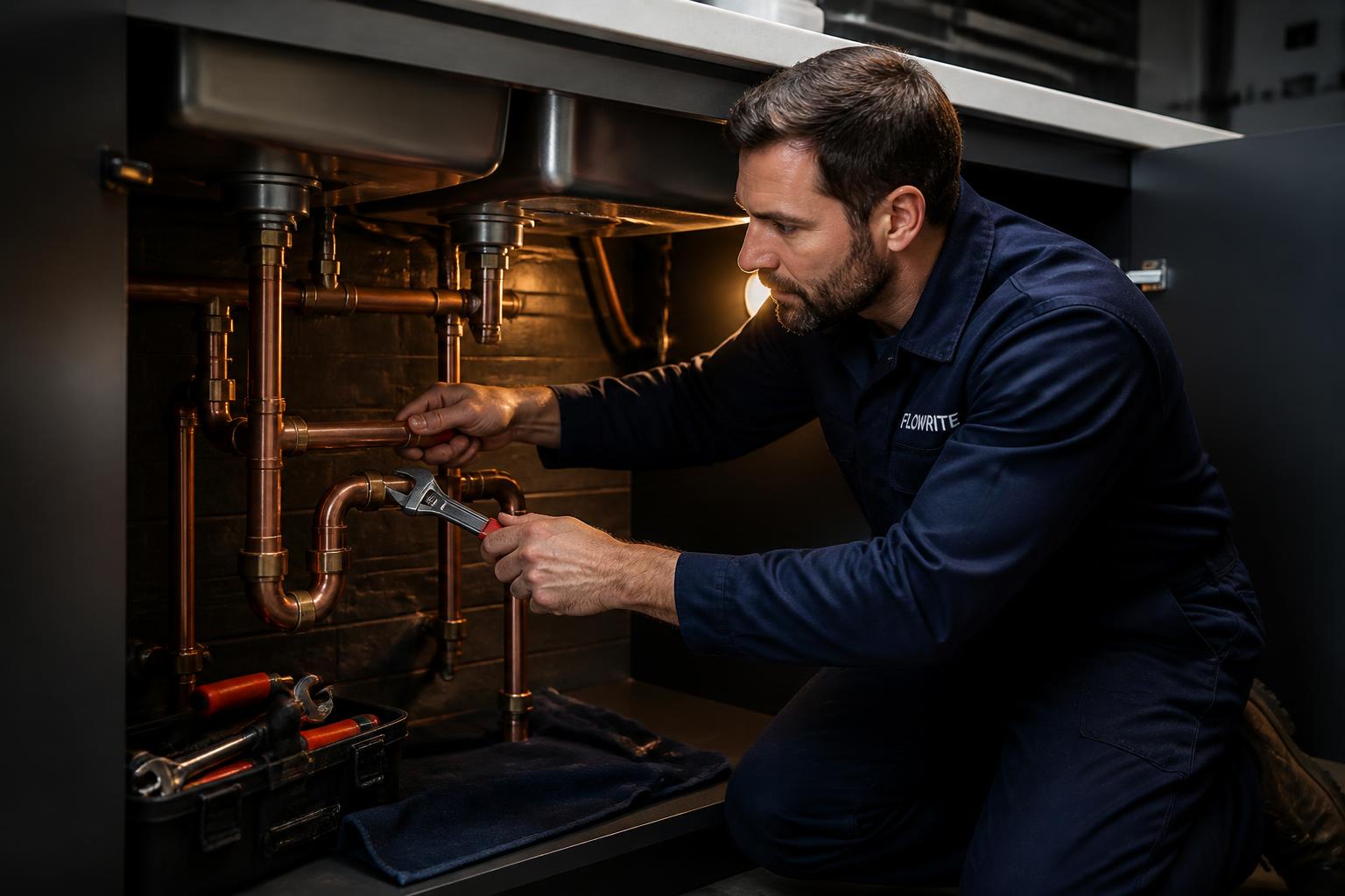 DC Plumbers Inc technician repairing copper supply lines under a kitchen sink
